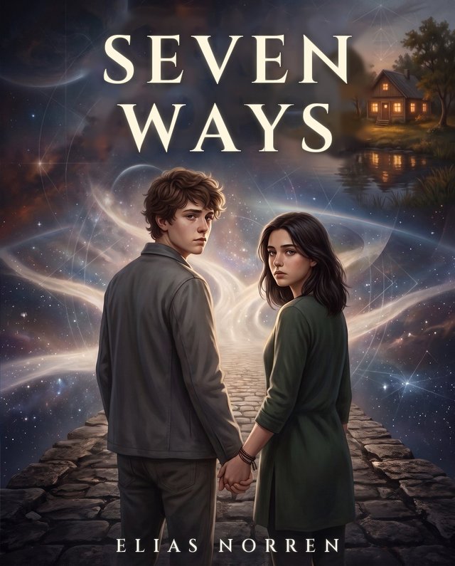 Seven Ways cover — two people holding hands on a stone road running into a starry sky, a lit house by the water in the distance